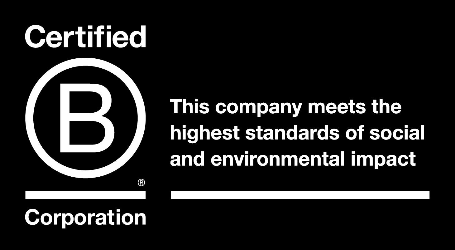 A picture of the Certified B Corporation Logo, a black background with a white letter B in a circle. The text reads "This company meets the highest standards of social and environmental impact'